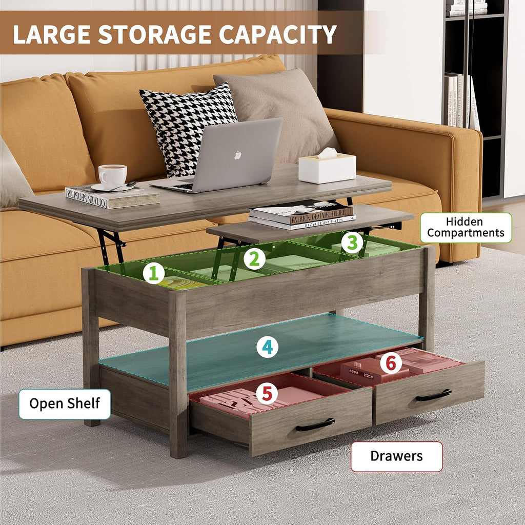 SYESWAY 42'' Lift Top Coffee Table, 4-in-1 Multifunctional Lift Coffee Table with Storage & Hidden Compartments, Farmhouse Coffe Table with Lifting top for Living Room, Dining Reception Room, Grey