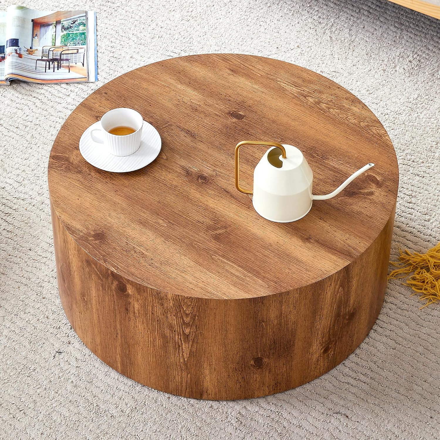 WILLIAMSPACE Round Coffee Table Set of 3 for Living Room, 3 Piece Modern Drum Circle Wood Side Tables, End Table for Apartment, Office, 27.5' + 15.7' + 12' (Wood Color)