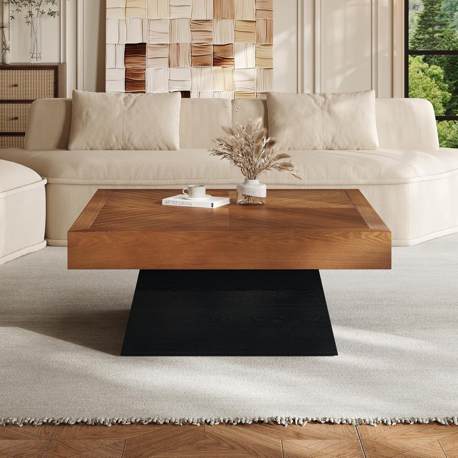 Christopher Knight Home Sami Mid Century Modern Coffee Table for Living Room Furniture/Apartment, Square Side Table with Wood Grain Top, Wooden End Table with Sturdy Pedestal Base, Black + Brown