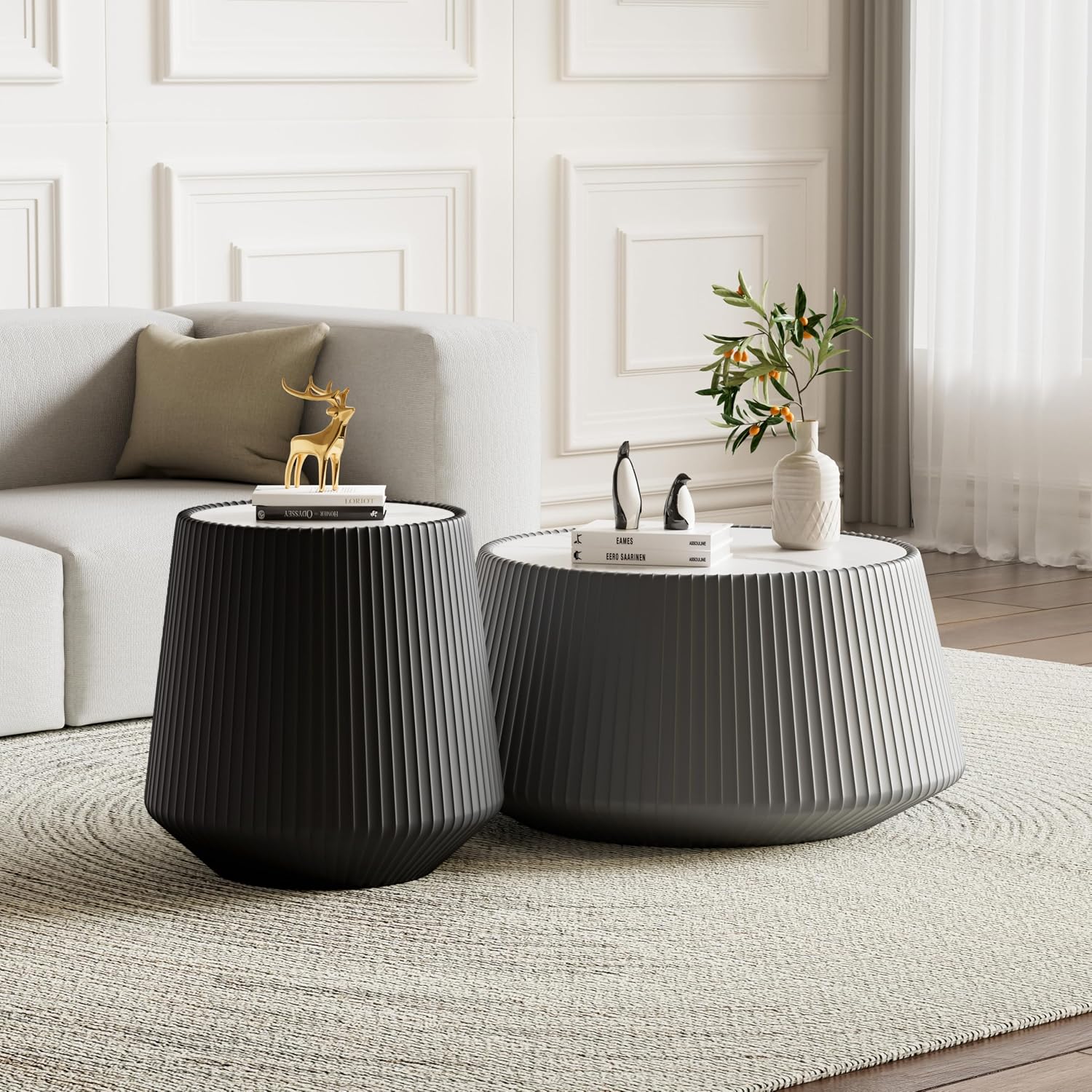 Round Coffee Table Set with Sintered Stone Tabletop, 26.77' Grey Drum Center Table and 19.68' Black Coffee Table Set, 2 Pieces Living Room Table Set with Fluted PU Leather Cover& Stable Base