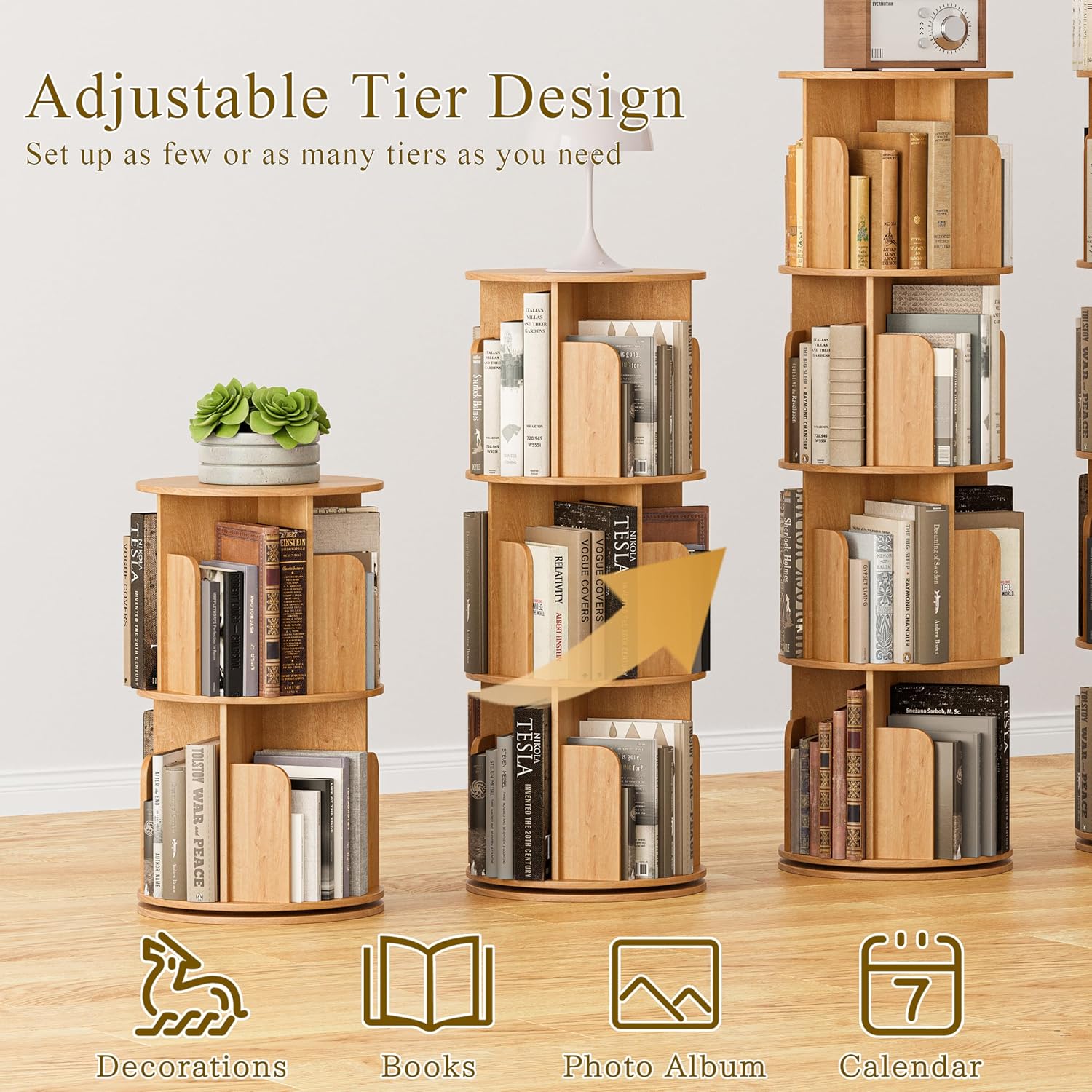 VDNEND Wooden 4 Tier Rotating Bookshelf, Spinning Bookshelf Tower,Modern Revolving Small Bookcase for Corner,Living Room,Bedroom (Natural Oak, 4-Tier)