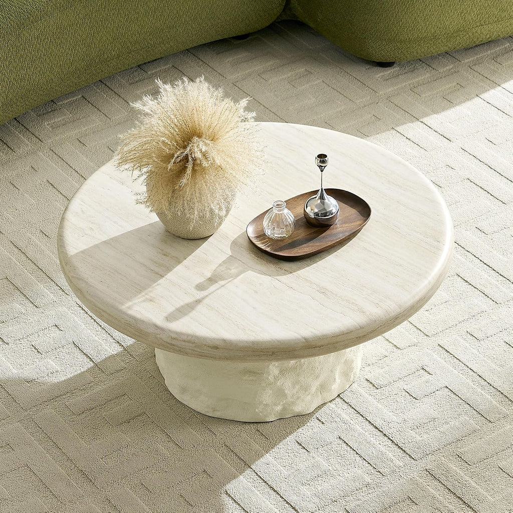 JUSTONE 35.04''Inch Faux Mars Textural Round Coffee Table, No Assembly Required, Beige Accent Table for Living Room & Apartment