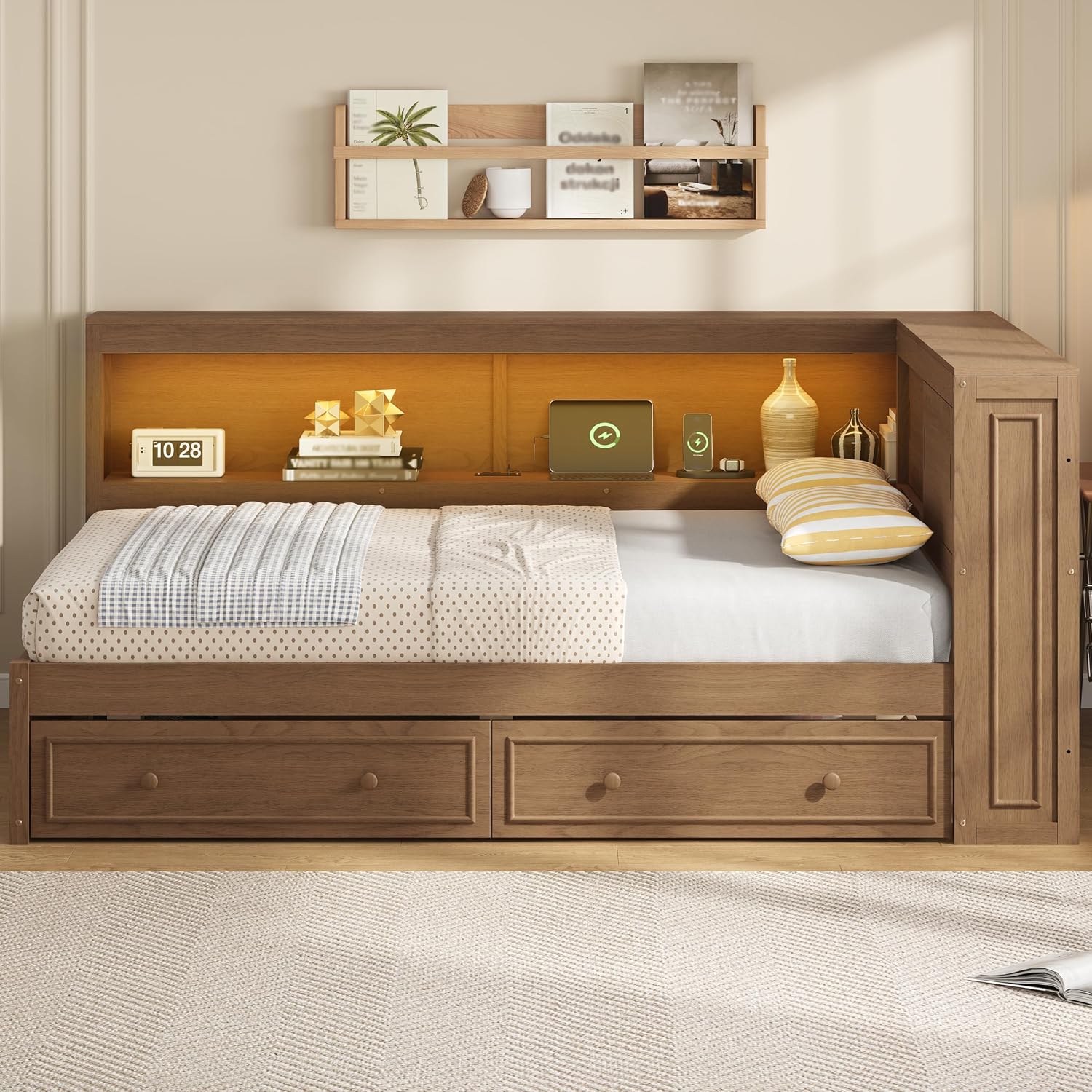 Full Size Daybed with Storage Drawers and Shelves,Antique Wood | Convertible Headboard,Pine Wood Corner Bed,Charging Station,LED Lights,Kids Boys Girls Teens