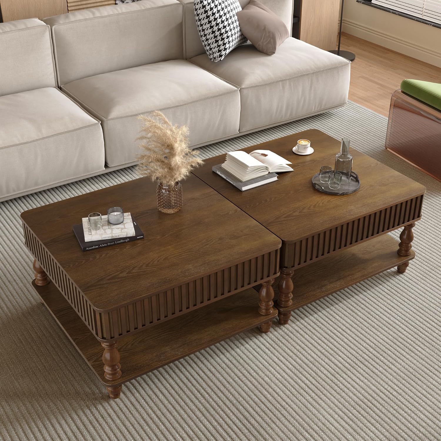 31.50' Square Fluted Lift-Top Coffee Table with Hidden & Open Storage, Modern Center Table with Hydraulic Raising Mechanism, Retro Tea Table with Solid Wood Legs for Living Room Apartment, Walnut