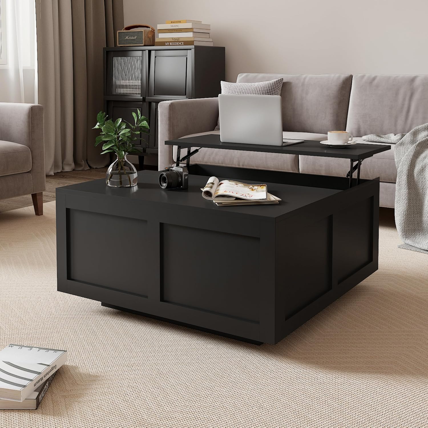 HedoAjim Lift Top Coffee Table with Storage, 31.5' Square Black Coffee Table with Large Hidden Storage, Wood Living Room Table Center Table for Living Room Dining Reception Room