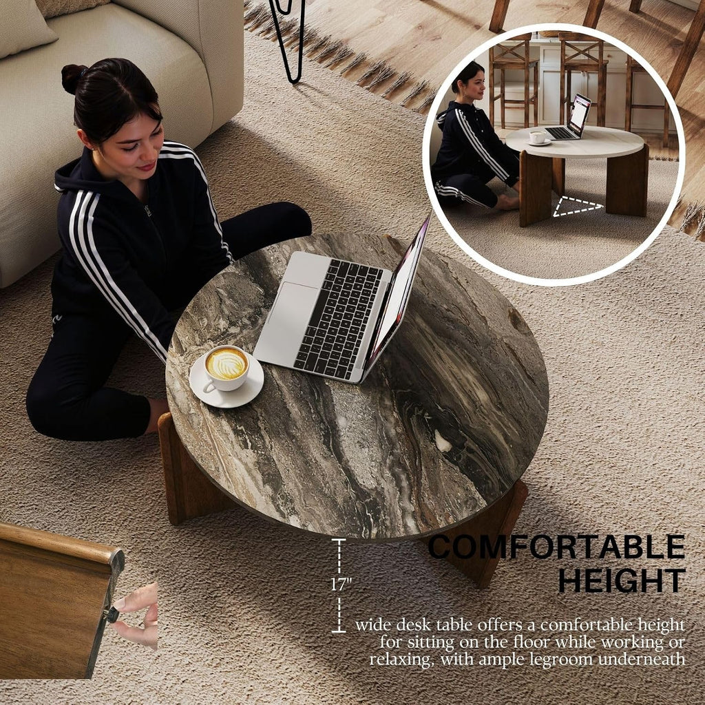 Travertine Texture Coffee Table 31.5 inch Modern Faux Marble Coffee Table Low Circle Center Table for Living Room Round Accent Table with Three-Legs for Apartment, Dark Grey