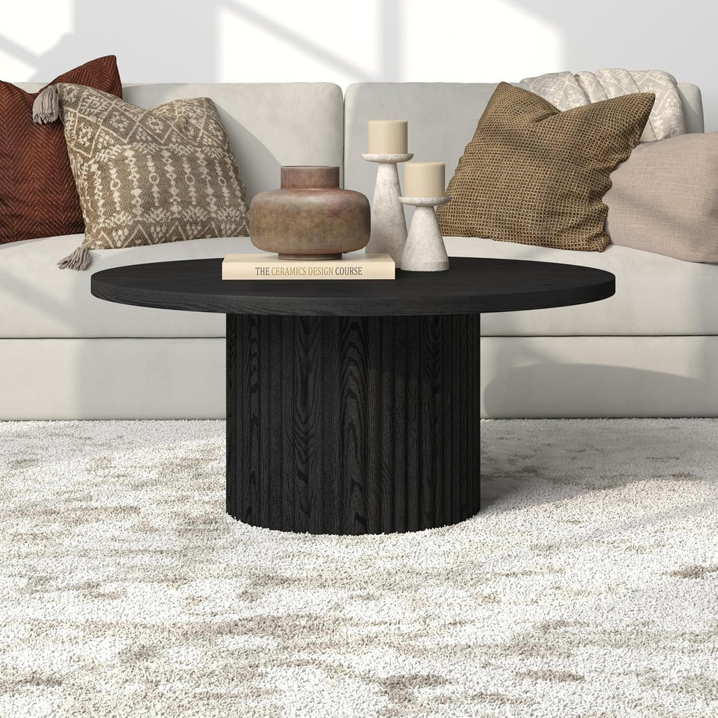 Henn&Hart 32' Fluted Round Wooden Pedestal Low-Profile Coffee Table with Ribbed Pedestal Base for Living Room, Family Room, Office, or Apartment, Natural Black