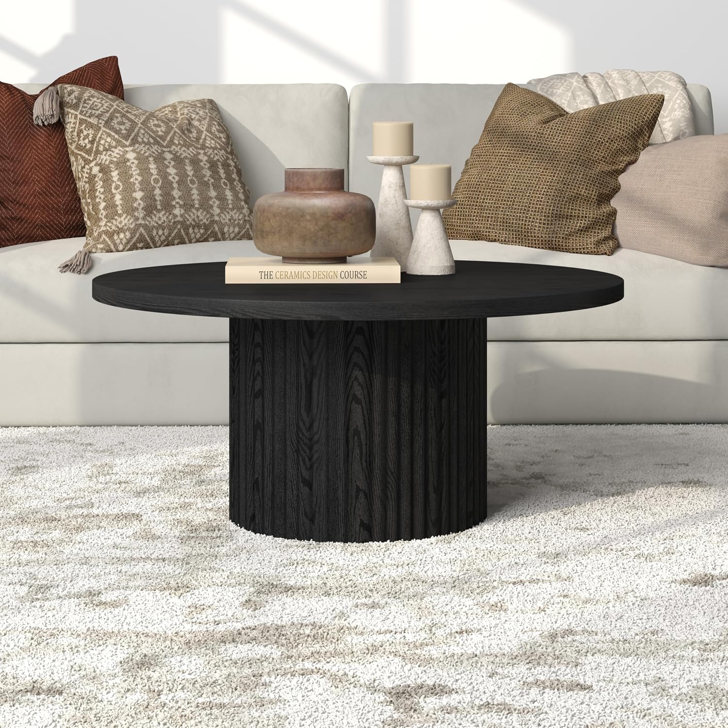 Henn&Hart 32' Fluted Round Wooden Pedestal Low-Profile Coffee Table with Ribbed Pedestal Base for Living Room, Family Room, Office, or Apartment, Natural Black