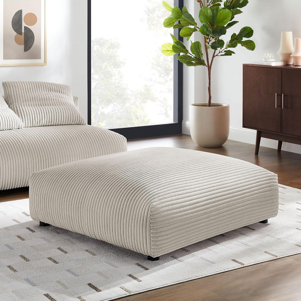 Modway Solace Modular Corduroy Ottoman in Almond - Oversized Square Ottoman Coffee Table - Corduroy Upholstered Ottoman Seat - Modern Large Footstool - Soft Sitting Stool Couch Table for Living Room