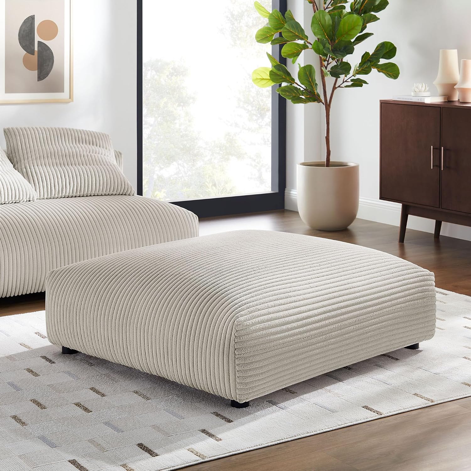 Modway Solace Modular Corduroy Ottoman in Almond - Oversized Square Ottoman Coffee Table - Corduroy Upholstered Ottoman Seat - Modern Large Footstool - Soft Sitting Stool Couch Table for Living Room