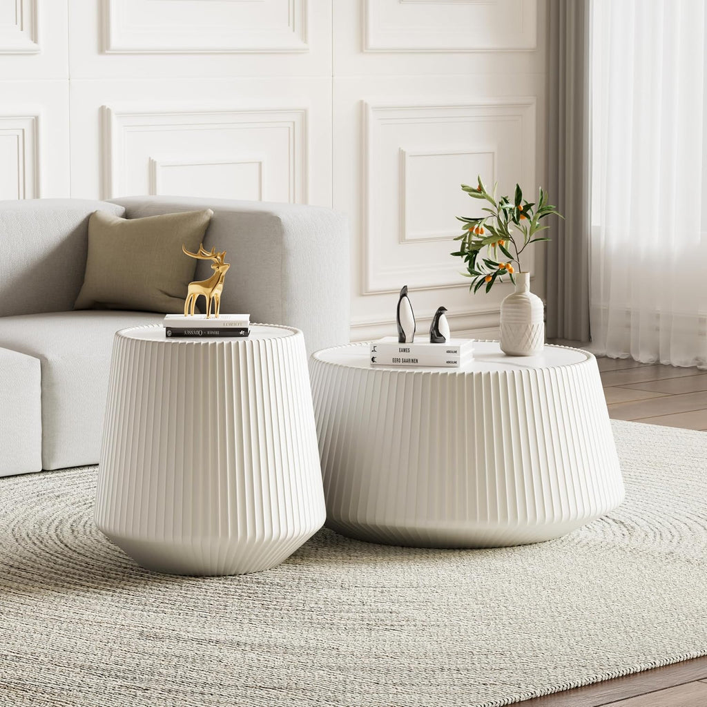 Round Coffee Table Set with Sintered Stone Tabletop, 26.77' White Drum Center Table and 19.68' White Coffee Table Set, 2 Pieces Living Room Table Set with Fluted PU Leather Cover& Stable Base