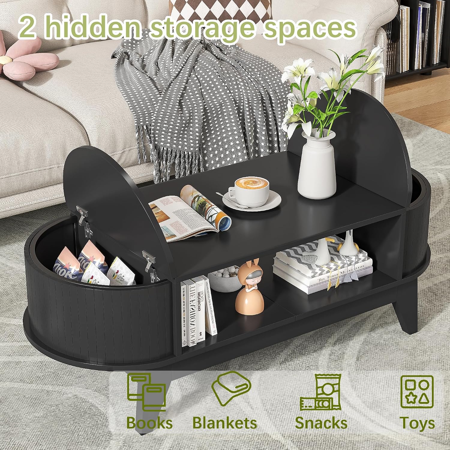 Coffee Table with 2 Hidden Storage,Mid Century Modern Coffee Table with Fluted Finish,Wood Center Tables Oval Coffee Tables with Flip-Top Lids for Living Room Home Office (Black)