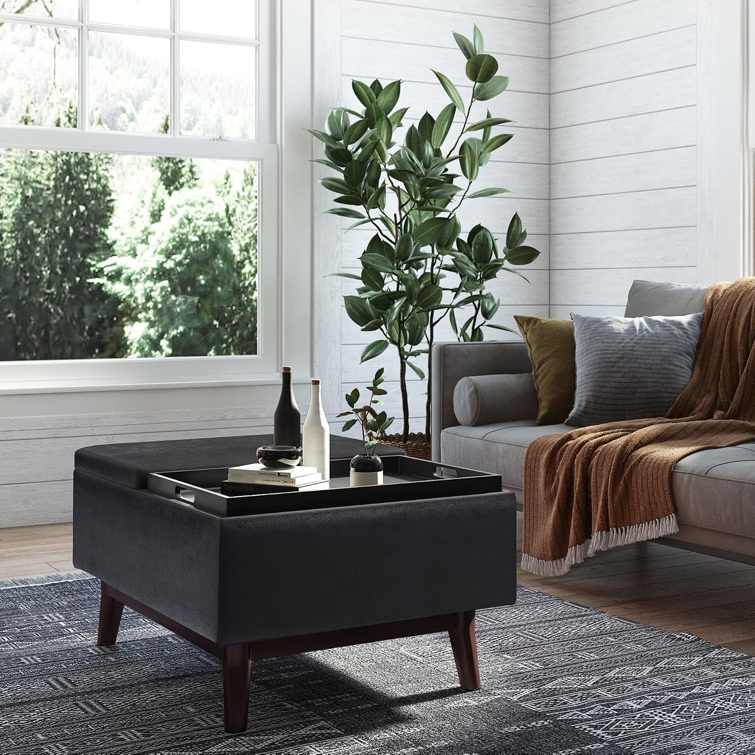 SIMPLIHOME Owen Tray Top Small Coffee Table Storage Ottoman - 34 inch Wide Upholstered Vegan Leather Rectangular Flip-Top Ottoman in Distressed Black, Mid-Century Ottoman for Living Room