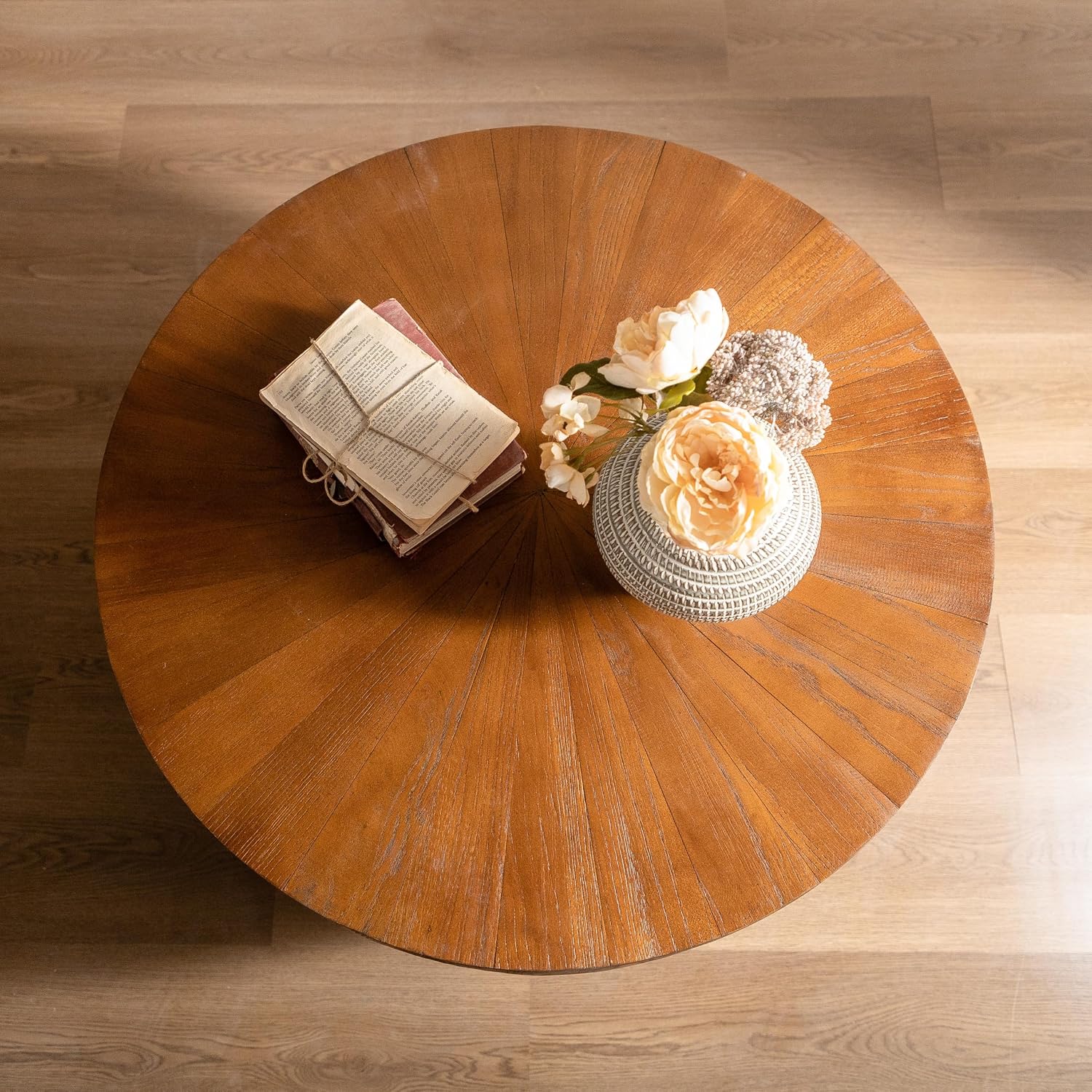 31.5' Retro Style Bucket Shaped Coffee Table with Storage, Drum Center Table for Living Room, Apartment, Office, Dining Room, Brown, No Need Assembly