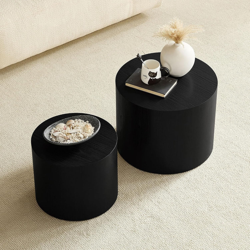 Round Coffee Table Set of 2, Nesting Coffee Table and End Table Set Wood Small Circle Drum Side Table for Living Room Office, No Assembly