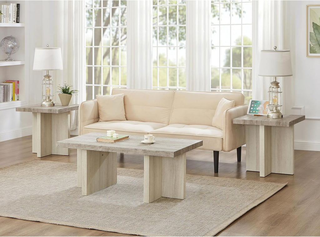 Roundhill Furniture Mchome 3-Piece Coffee Table Set, Coffee Table and Two End Tables, Weathered Gray and Beige