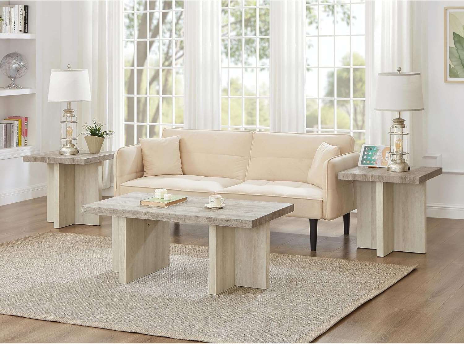 Roundhill Furniture Mchome 3-Piece Coffee Table Set, Coffee Table and Two End Tables, Weathered Gray and Beige