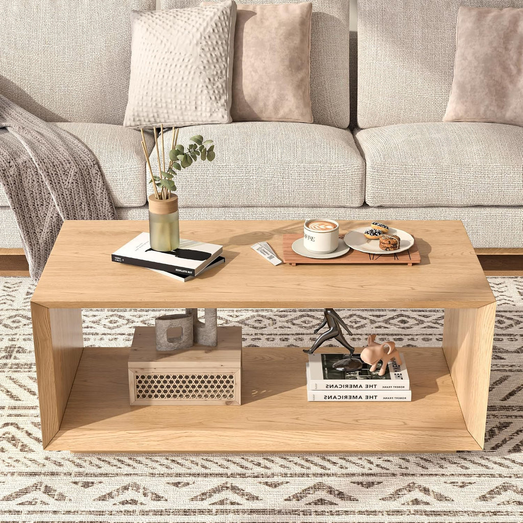 Coffee Table with Storage, Mid Century Modern, Rectangle Cocktail Tea Table, Farmhouse Wood Coffee Table for Living Room, Home Office (Natural Oak)