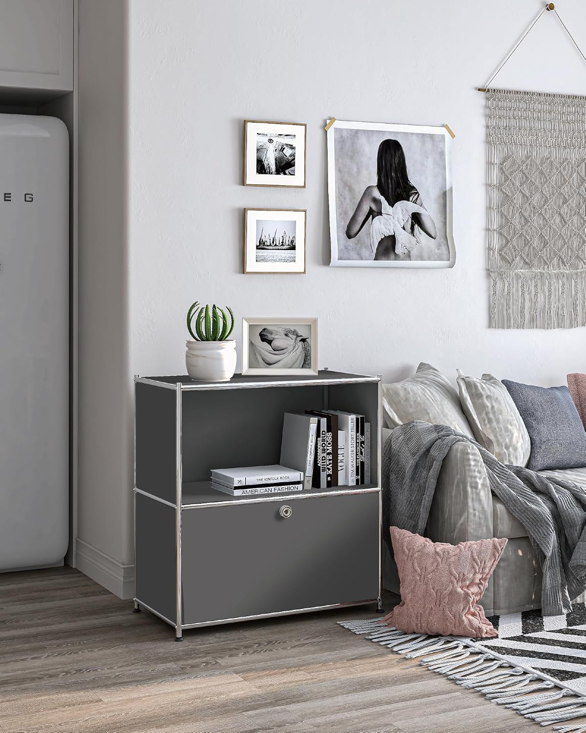 32.5-Inch Flip-Top Storage Cabinet with Detachable Wheels, Metal Side Table and Small Sideboard Cabinet for Living Room, Bedroom, Office, Orange