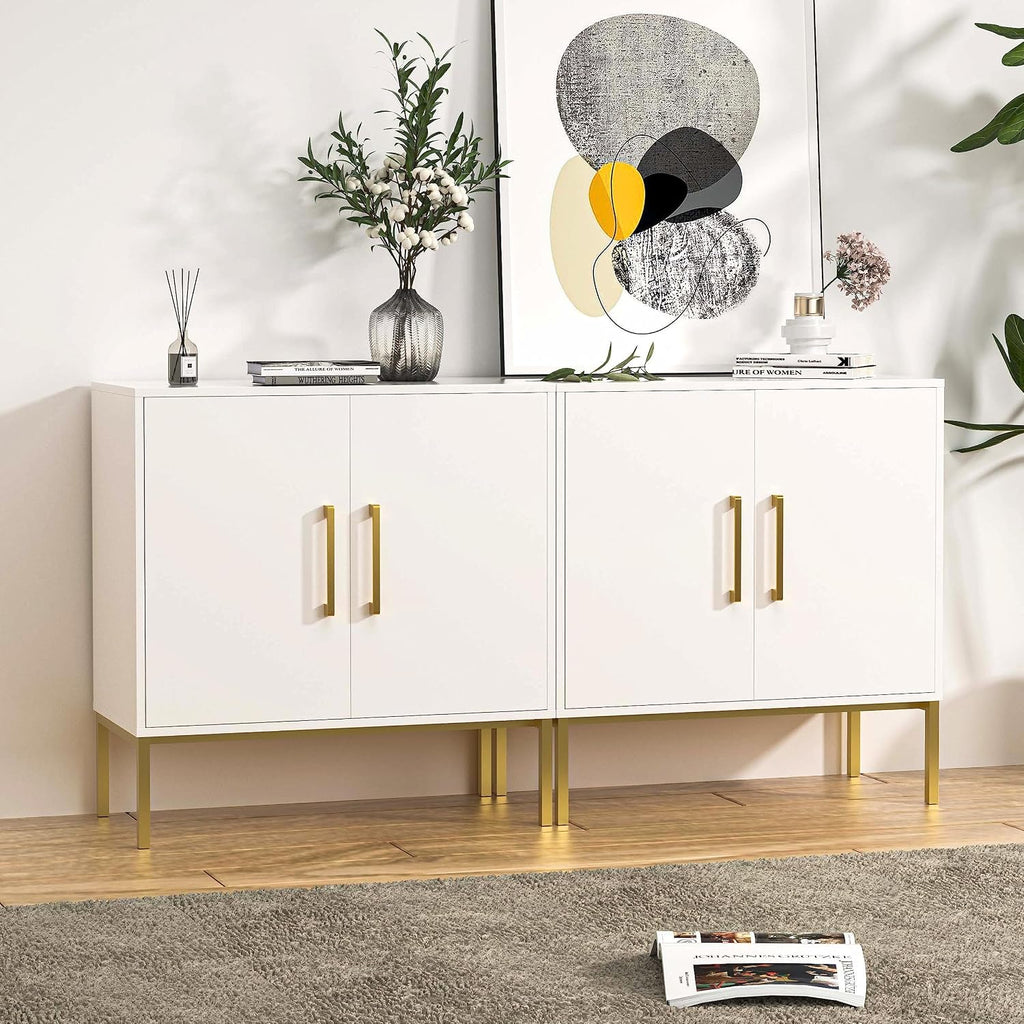LYNSOM Storage Cabinet with Doors, Set of 2, Modern Buffet Cabinet with Storage, Kitchen Sideboard Buffet, White Wood Accent Cabinet for Living Room, Bedroom, Hallway, Entryway, Office, White