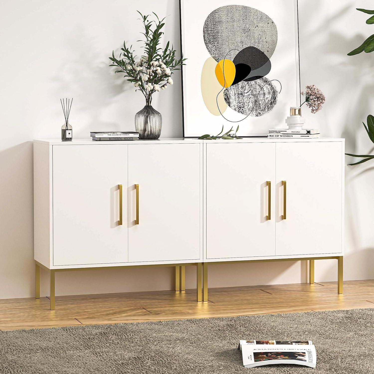 LYNSOM Storage Cabinet with Doors, Set of 2, Modern Buffet Cabinet with Storage, Kitchen Sideboard Buffet, White Wood Accent Cabinet for Living Room, Bedroom, Hallway, Entryway, Office, White