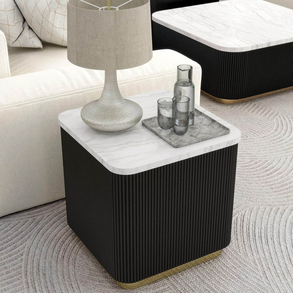 Furniture of America Beryl Modern Square White Genuine Marble Top End Table with Fluted Pedestal Base and Gold Stainless Steel Accent, Low Profile Table for Living Room, Home Office, Black