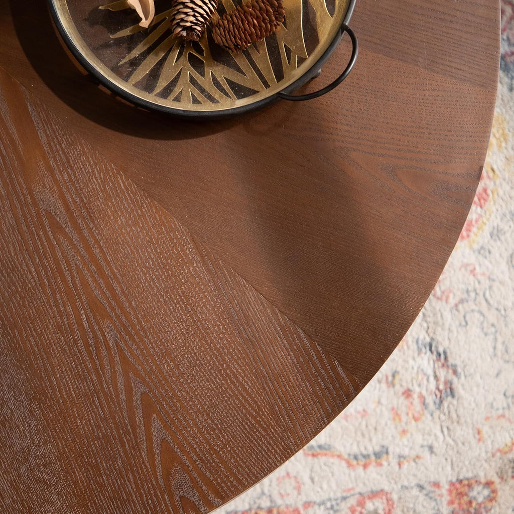 GDFStudio 39' Round Coffee Table with Walnut Table Tops, Bark Texture Veneer Circle Coffee Tables with Handcrafted Relief Base, Modern Living Room Side Tea Tables, No Assembly, Black+Walnut