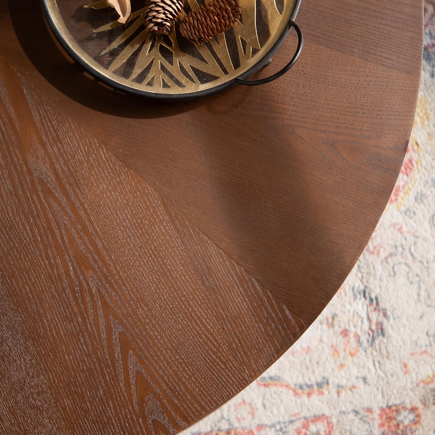 GDFStudio 39' Round Coffee Table with Walnut Table Tops, Bark Texture Veneer Circle Coffee Tables with Handcrafted Relief Base, Modern Living Room Side Tea Tables, No Assembly, Black+Walnut