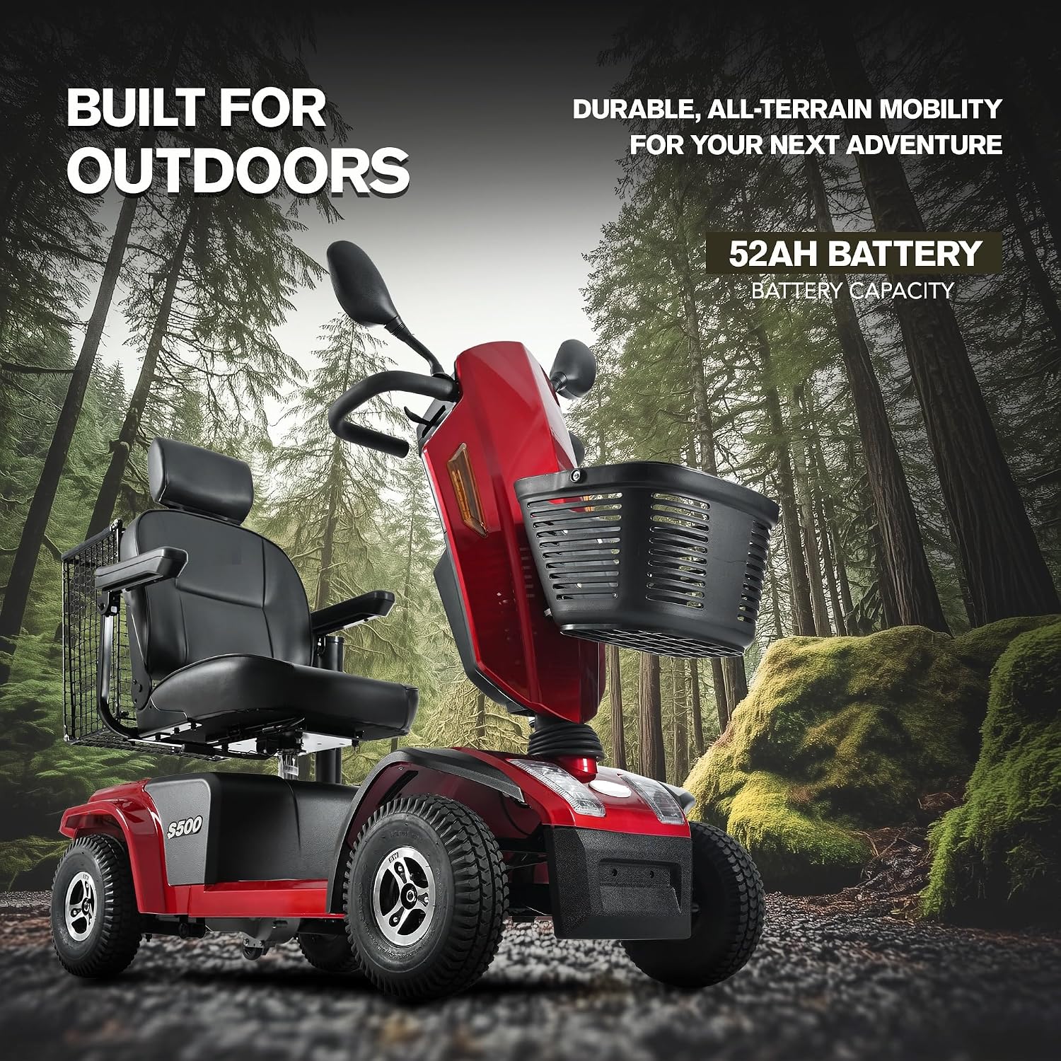 Mobility Scooters for Seniors & Adults 500 Lb Weight Foldable,Heavy Duty 4 Wheel Powered Scooter,Portable Disability Electric Wheelchair,500W Motor,52AH Battery,25 Miles Range,Rear Basket,red