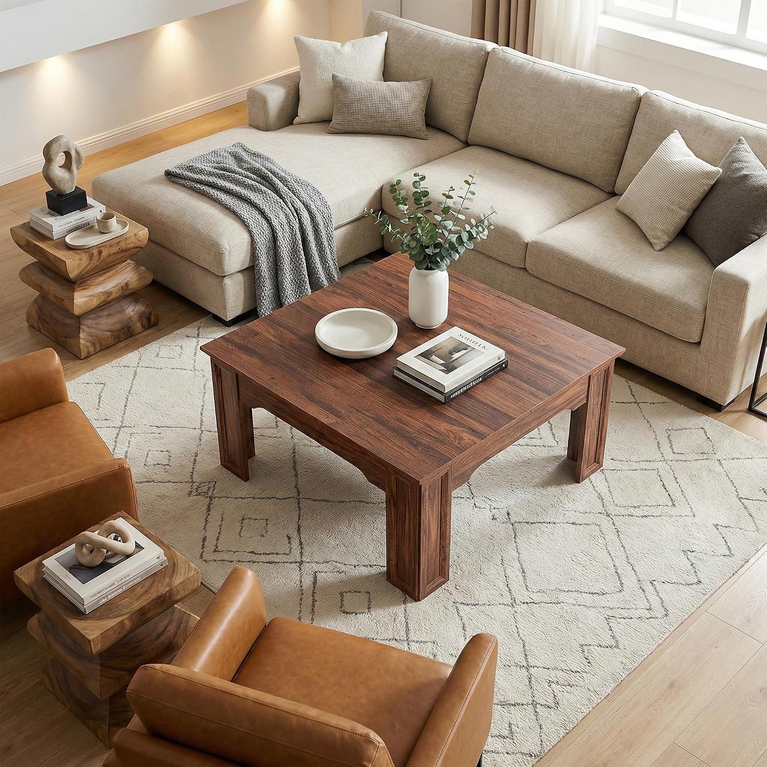 Square Coffee Table for Living Room, 39.4'' Farmhouse Wood Grain Finish Coffee Table with Carved Legs, Rustic Simple Style Center Table, Easy Assembly, Walnut Wood