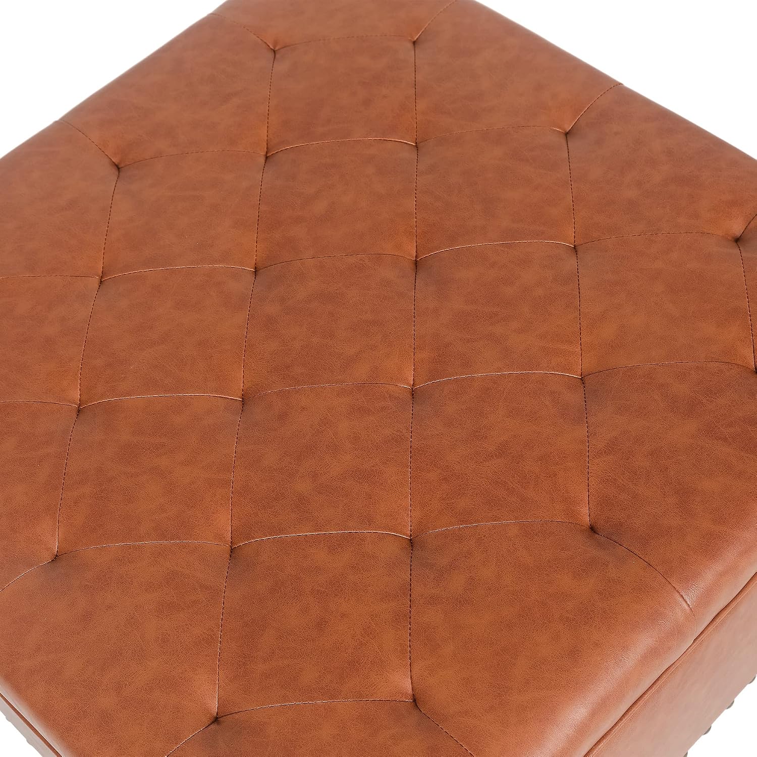Homebeez Faux Leather Storage Ottoman Bench, Square Coffee Table Footstool Footrest with Wood Legs for Living Room (Cognac Brown)