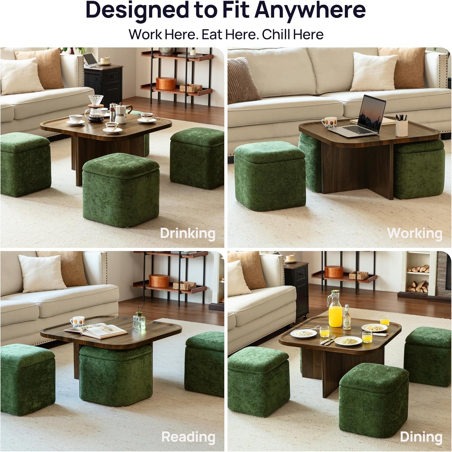 Square Coffee Table with Stools Underneath, Wood Ottoman Coffee Tables with 4 Chenille Storage Ottomans & Seats, Mid-Century Modern Coffee Table with Chairs for Living Room, Small Space, Walnut&Green