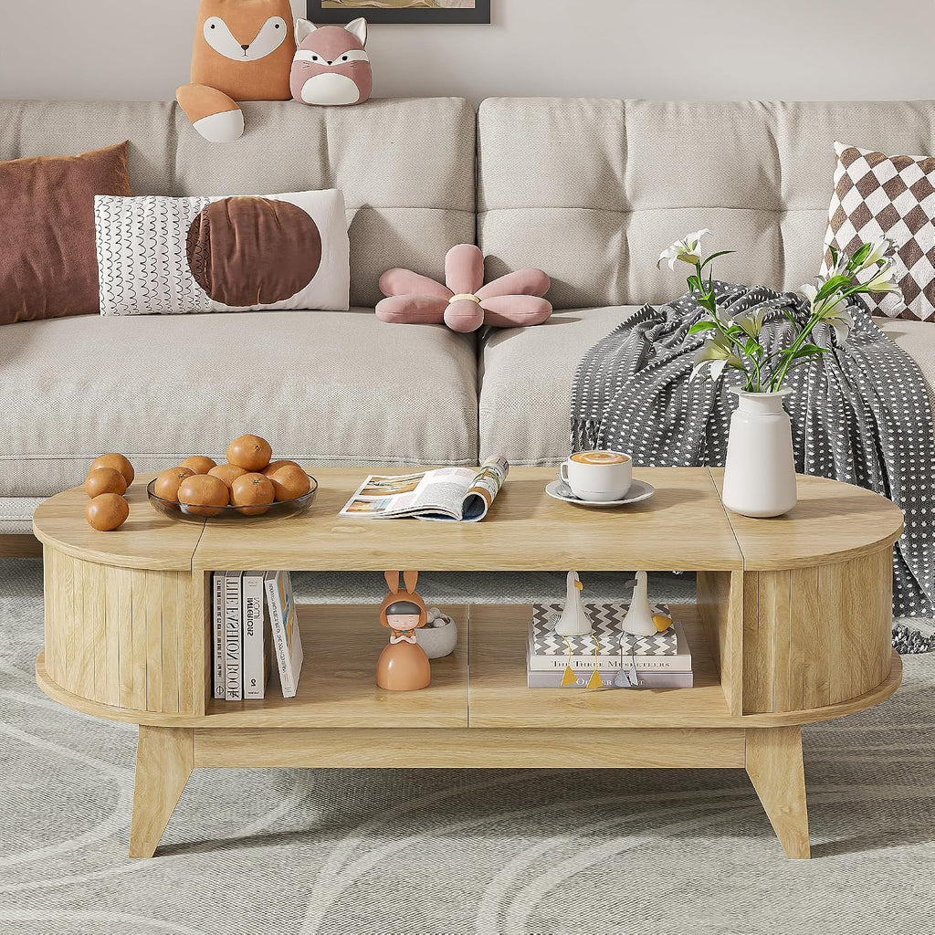 Coffee Table with 2 Hidden Storage,Mid Century Modern Coffee Table with Fluted Finish,Wood Center Tables Oval Coffee Tables with Flip-Top Lids for Living Room Home Office (Oak)