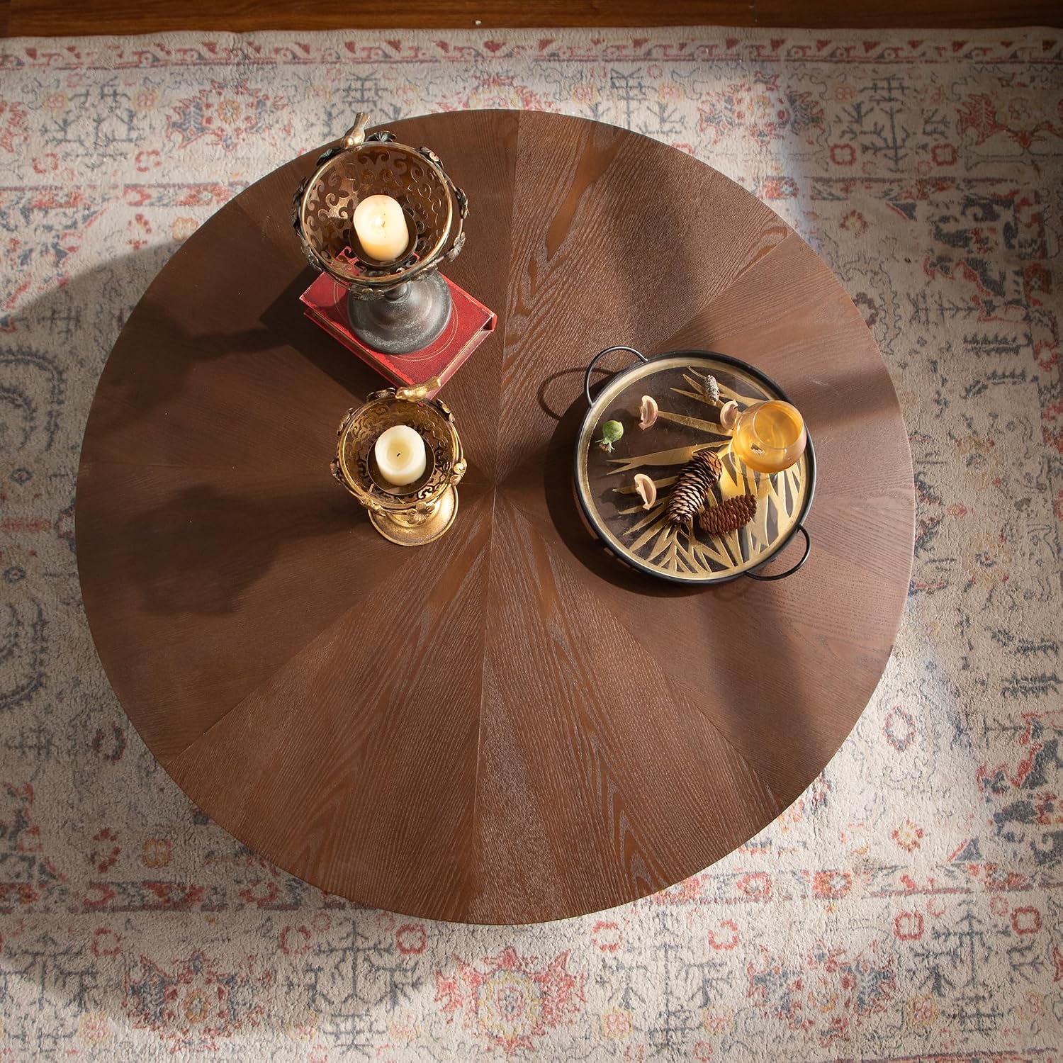 GDFStudio 39' Round Coffee Table with Walnut Table Tops, Bark Texture Veneer Circle Coffee Tables with Handcrafted Relief Base, Modern Living Room Side Tea Tables, No Assembly, Black+Walnut