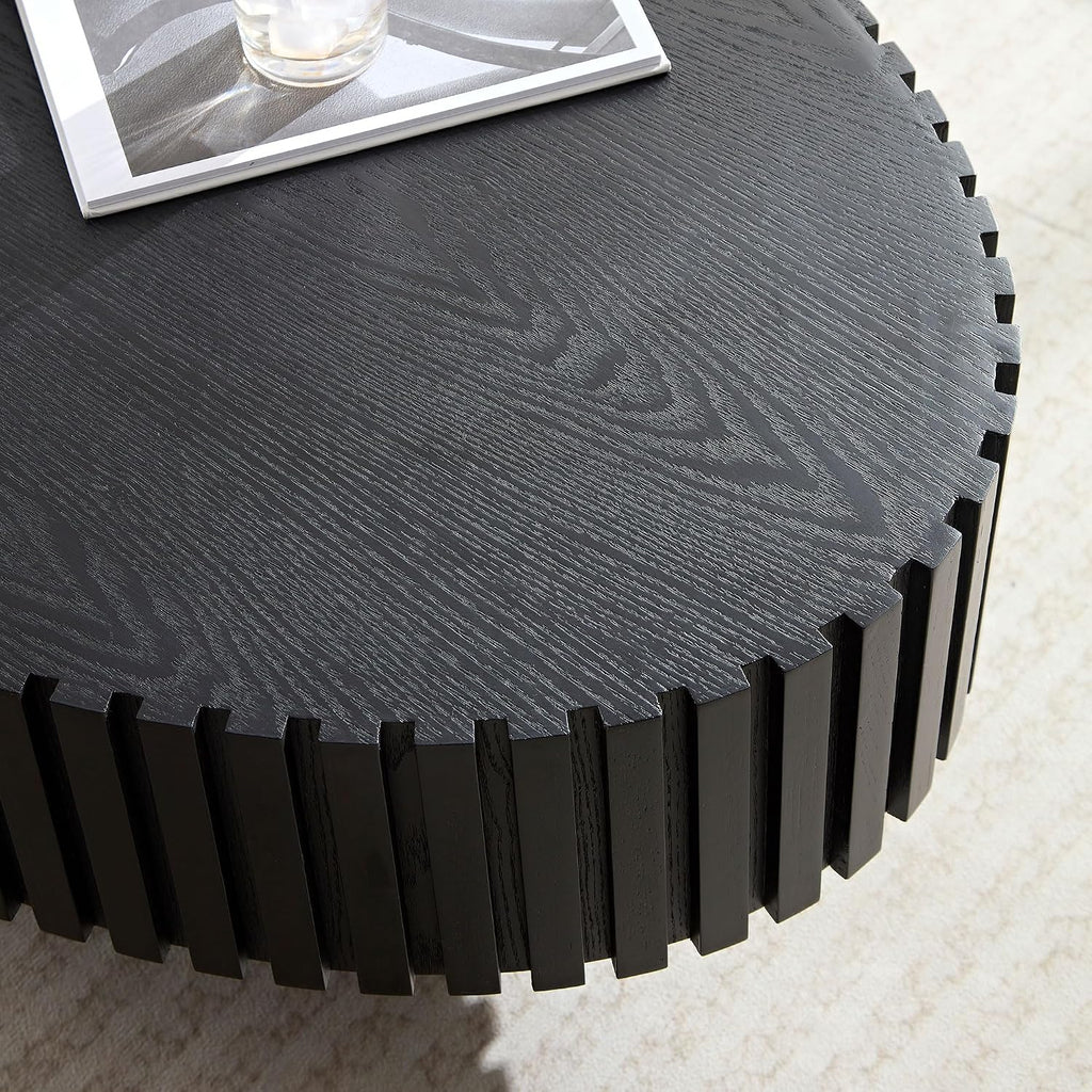 Black Oval Coffee Table - Modern Wood Coffee Table for Living Room, Contemporary Circle Fluted Drum Design, Easy Assembly, 43.7'' x 24.8'' x 13.38''