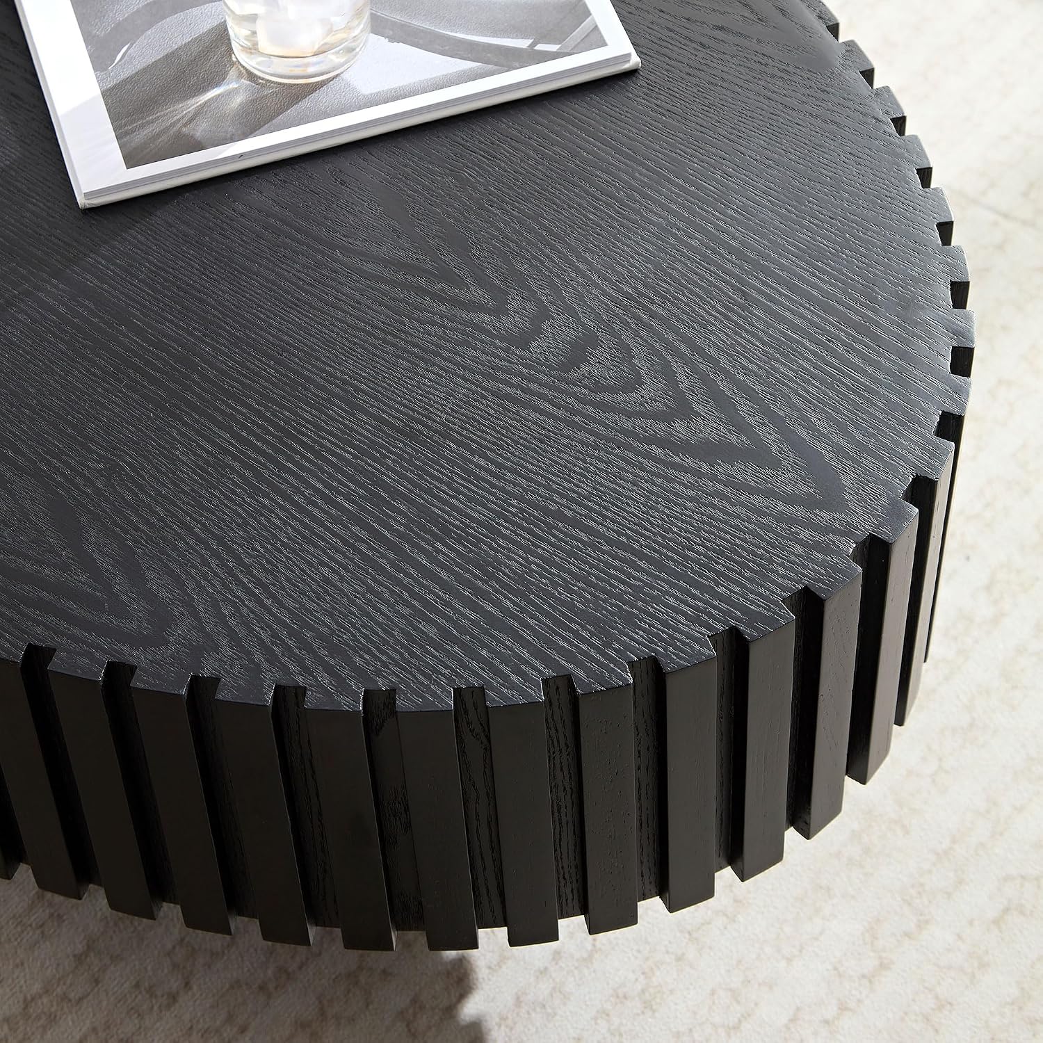 Black Oval Coffee Table - Modern Wood Coffee Table for Living Room, Contemporary Circle Fluted Drum Design, Easy Assembly, 43.7'' x 24.8'' x 13.38''