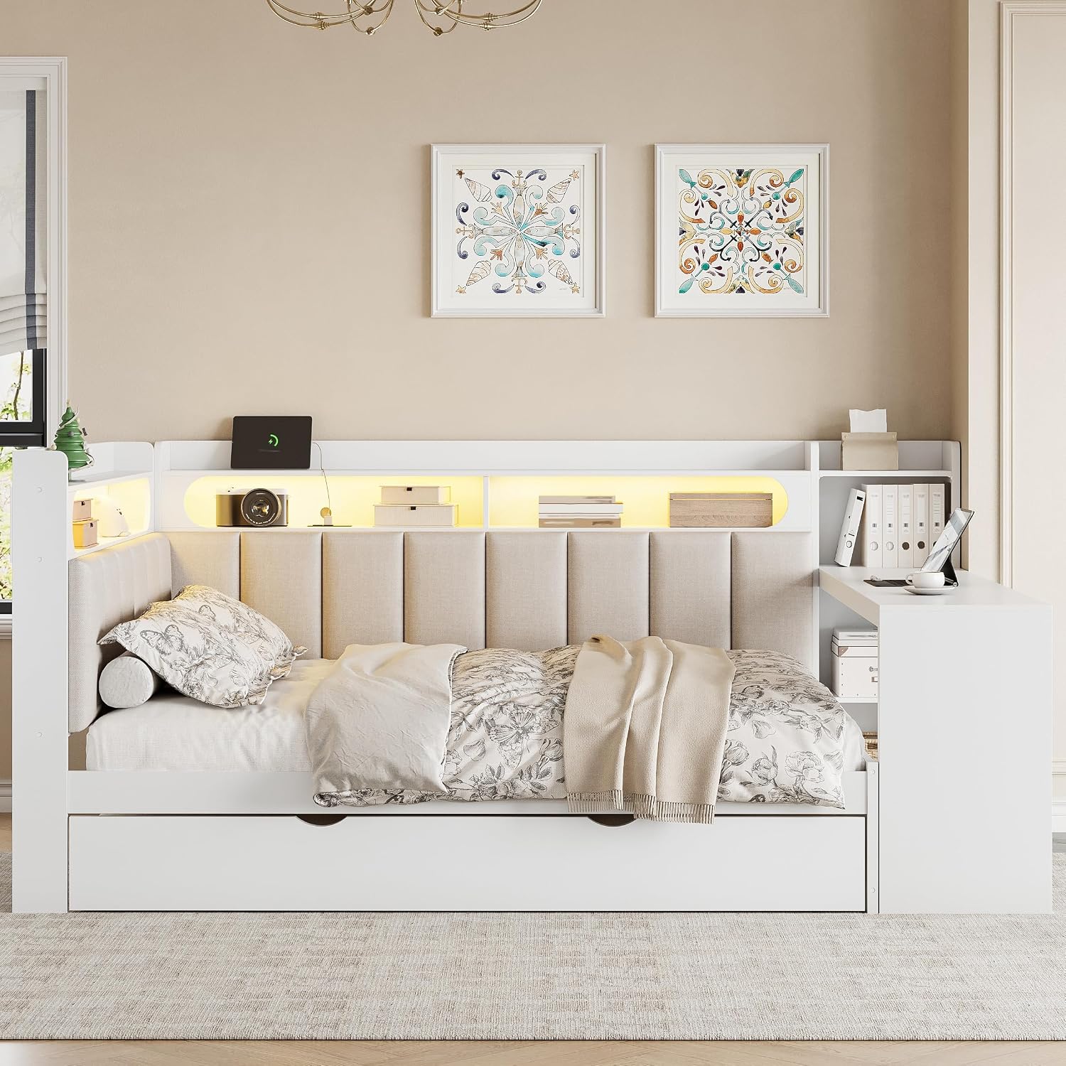 SOFTSEA Full Size Corner Bed with Desk and Trundle, Wood L-Shaped Day Bed with LED Lights, USB Ports & Upholstered Headboard, Full Corner Daybed for Kids Teens Adults, White