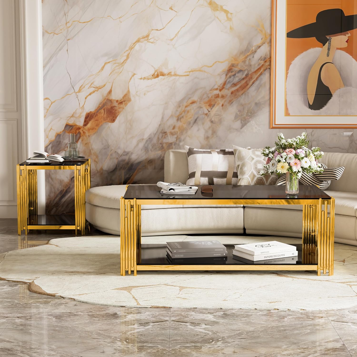 Merax Table Set of 3, with 1 Rectangle Coffee Table & 2 Square End Tables, Black Mirror, Asymmetrical Metal, Gold Finish & Lower Shelf, for Living Room Apartment, Black