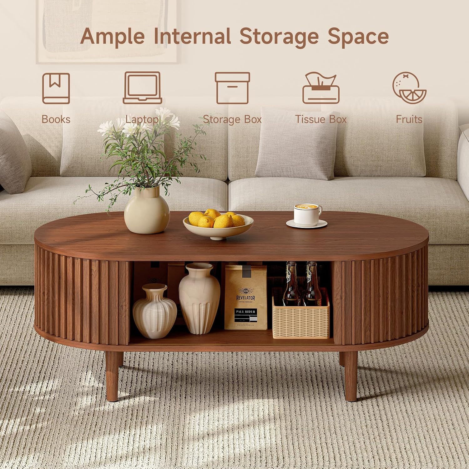 ONBRILL Fluted Oval Coffee Table, 43' Mid Century Modern Coffee Table with Storage, Wood Living Room Tables with Sliding Door, Center Tables for Living Room Apartment Small Space Walnut