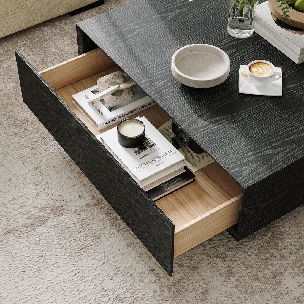 POVISON Modern Square Coffee Table with Drawers, 39.37' Wood Coffee Table for Living Room Home Office, Fully-Assembled Black