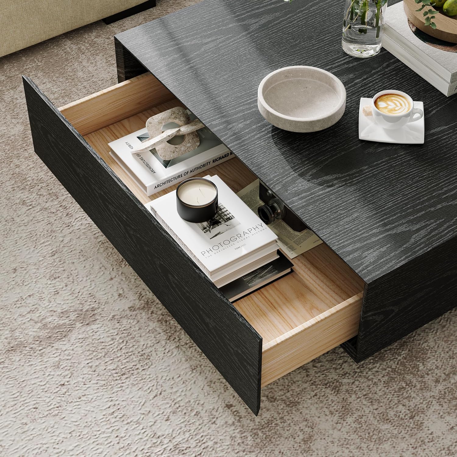 POVISON Modern Square Coffee Table with Drawers, 39.37' Wood Coffee Table for Living Room Home Office, Fully-Assembled Black