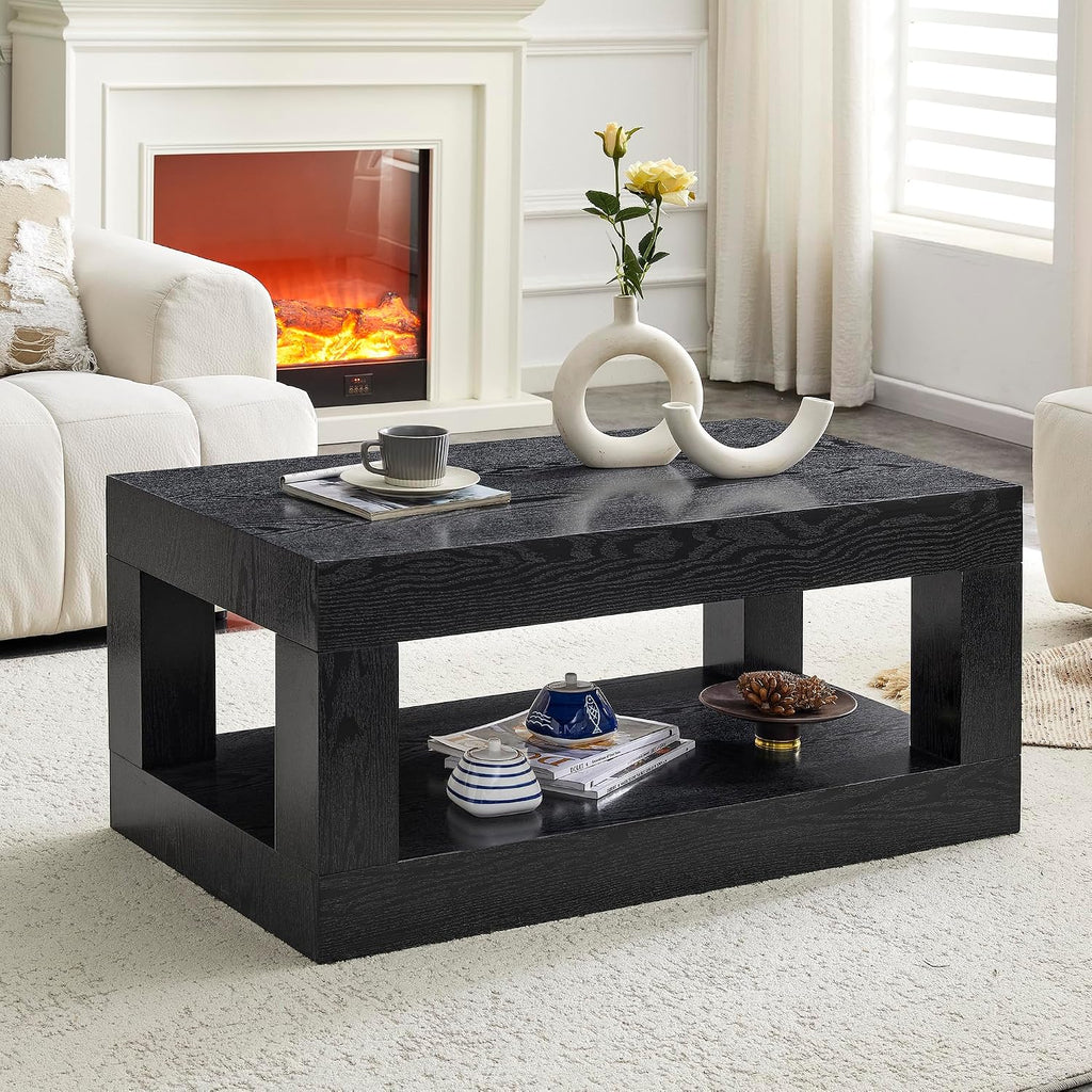 39.4' Black Coffee Table with Storage, 2-Tier Wood Coffee Table with 4' Thick Tabletop, Mid Century Modern Cocktail Center Tea Tables with Bottom Shelf for Living Room, Office, Apartment