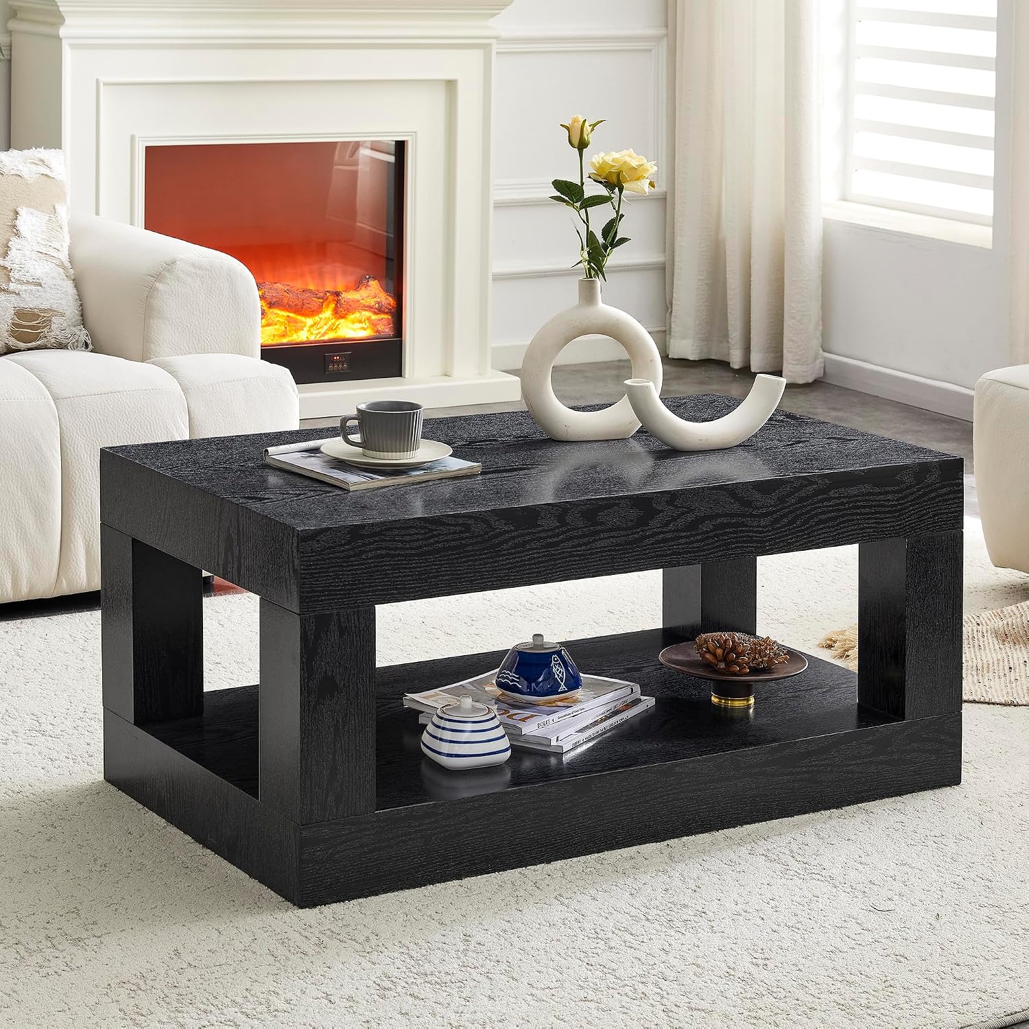 39.4' Black Coffee Table with Storage, 2-Tier Wood Coffee Table with 4' Thick Tabletop, Mid Century Modern Cocktail Center Tea Tables with Bottom Shelf for Living Room, Office, Apartment