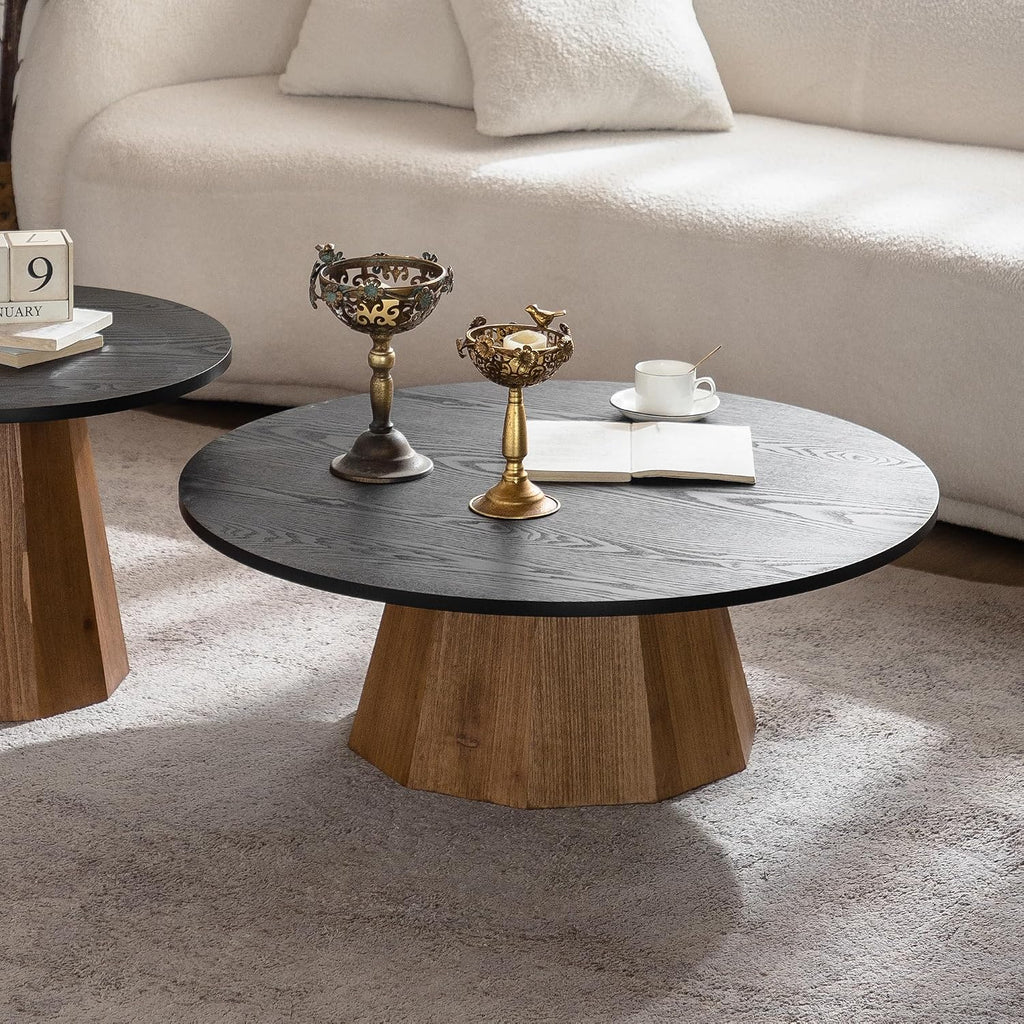 GDFStudio Mid Century Modern Round Coffee Table, Tree Design Circle Coffee Table for Living Room Office Apartment, Small Tea Tables with Pedestal, Easy Assembly Indoor Side Tables, Black+Wood 12.4' H