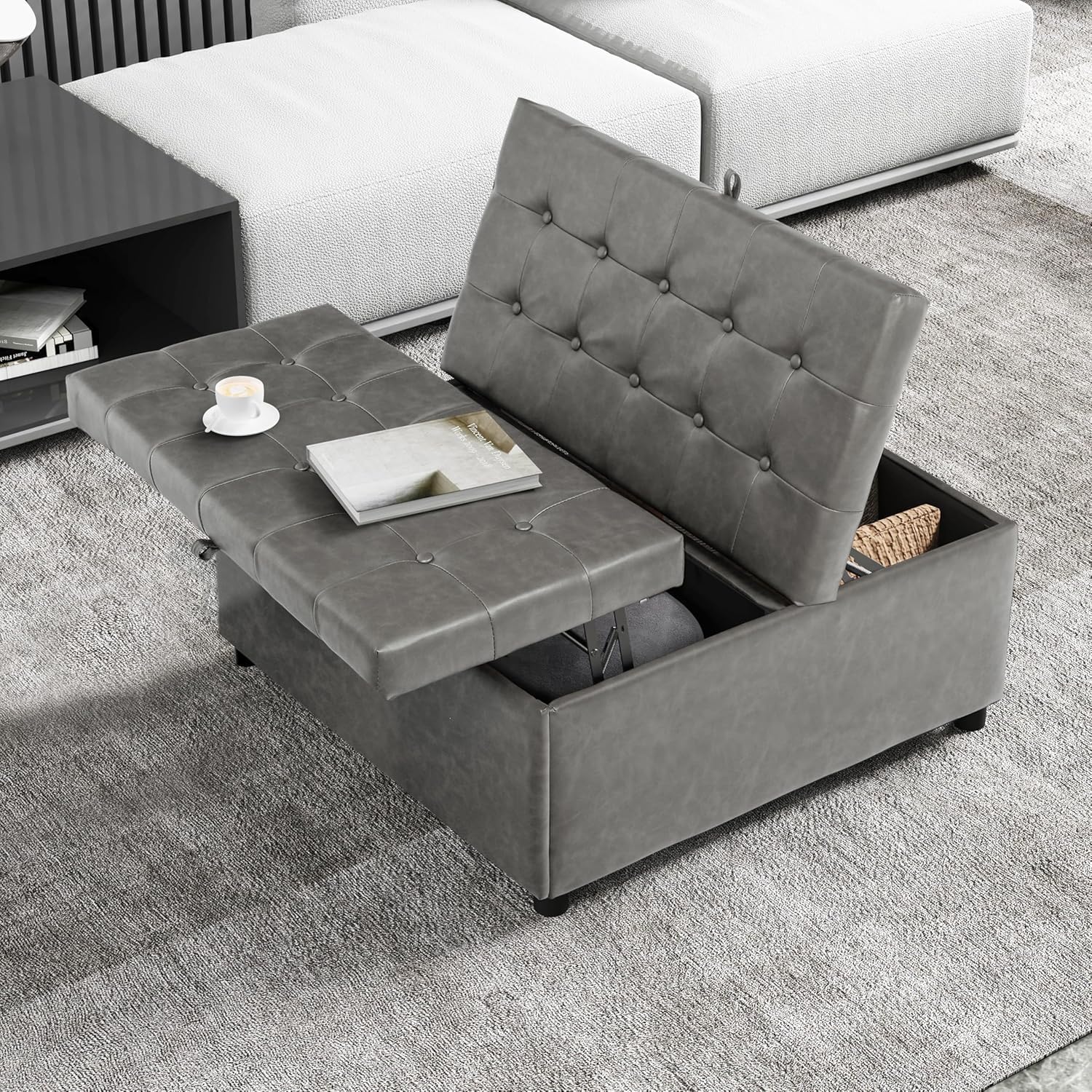 LINLUX Extra Large Leather Storage Ottoman, 35.5 Inch Large Square Lift Top Ottoman Coffee Table with Storage, Tufted Leather Ottoman Footrest Toy Box for Living Room，Bedroom