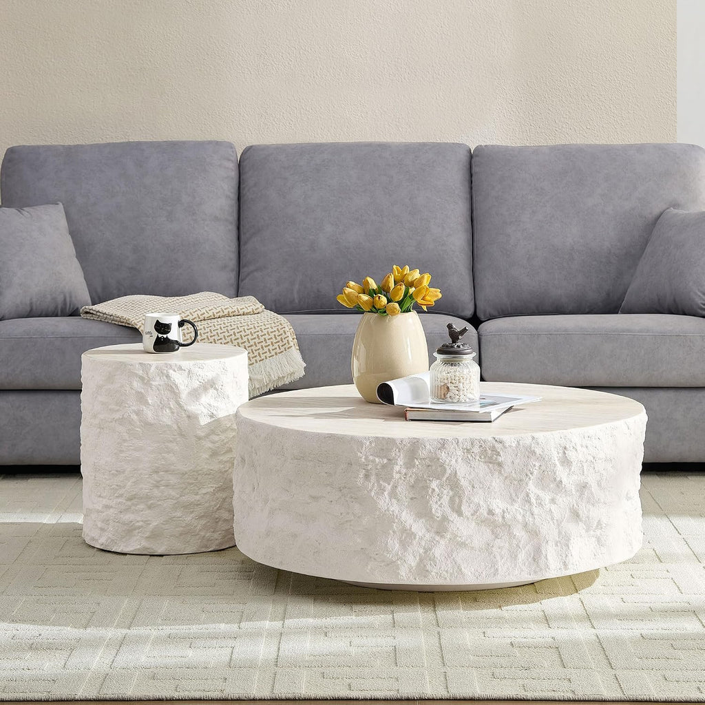 15.75' Modern Round Coffee Table, Accent End Table for Living Room, Faux Marble Stone Minimalist Side Table, Circle Center Table for Bedroom Apartment Office, No Need Assembly, Beige