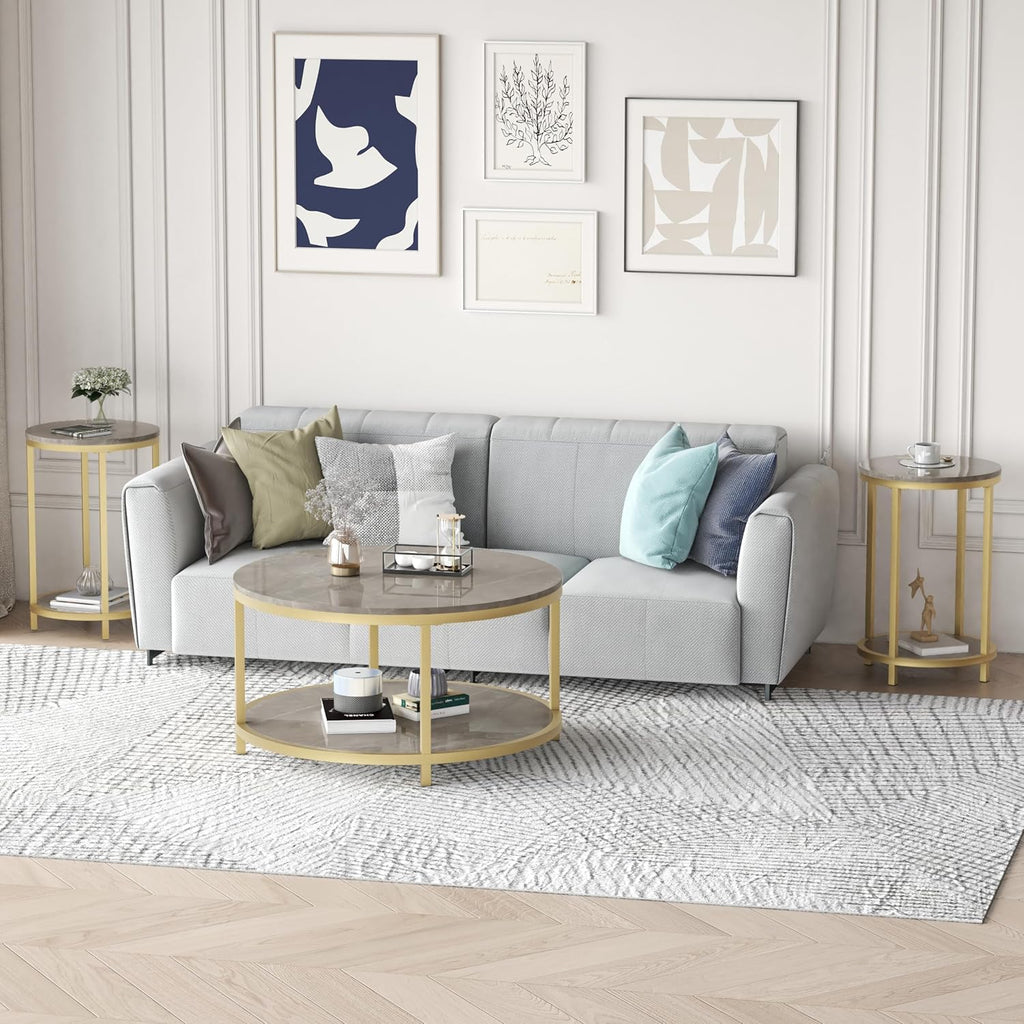 WiberWi Round Side Table Set of 2, Modern Nightstand End Table with Gold Metal Frame &Faux Marble Top, Accent Bedside Table for Living Room Bedroom Small Spaces with Storage Open Shelf, Grey