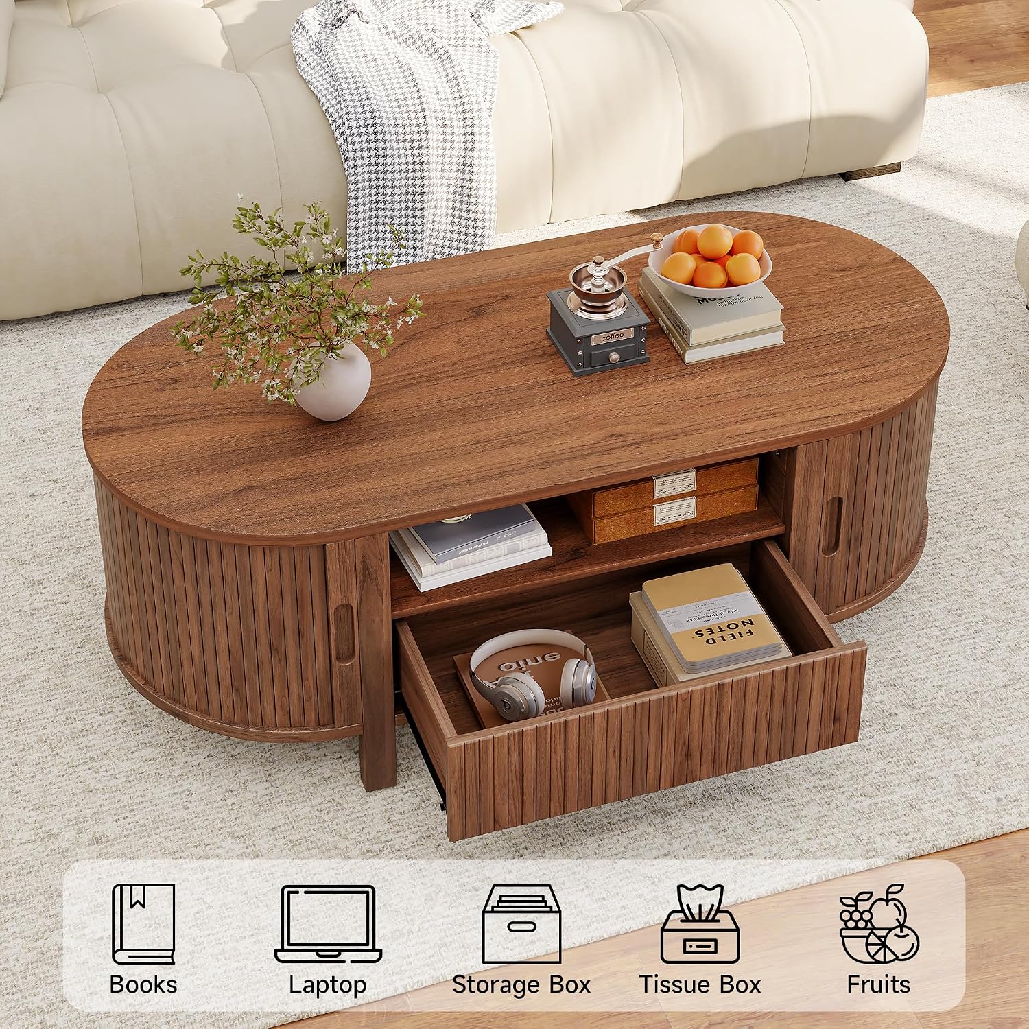 ComfyCorner 47' Oval Coffee Table, Tambour Design Coffee Tables for Living Room, Mid Century Modern Wood Coffee Table, 3-Tier Accent Center Table with Storage, Large Drawer, Walnut