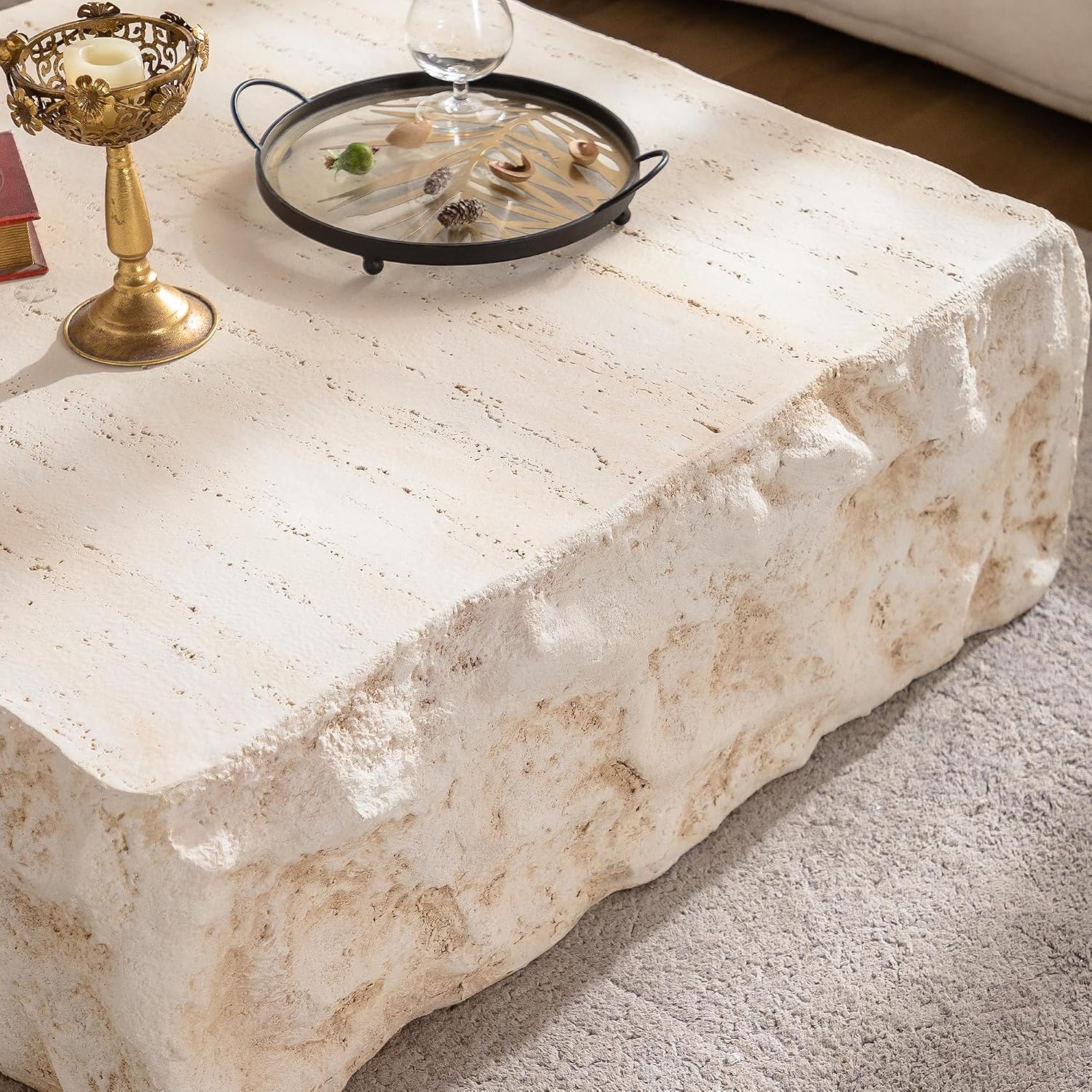 GDFStudio Modern Lightweight Concrete Coffee Table, Indoor Outdoor Square Accent Table, Mid Century MGO Side Tables, Faux Stone Sofa Tables for Living Room Office Apartment, No Assembly, Amber+Beige