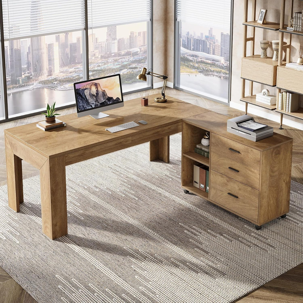 Tribesigns 63' L Shaped Desk with Storage, Executive Office Desk with Rolling File Cabinet Combo, Large Computer Table with Drawers and Shelves, Business Furniture Set for Home Office, Brown